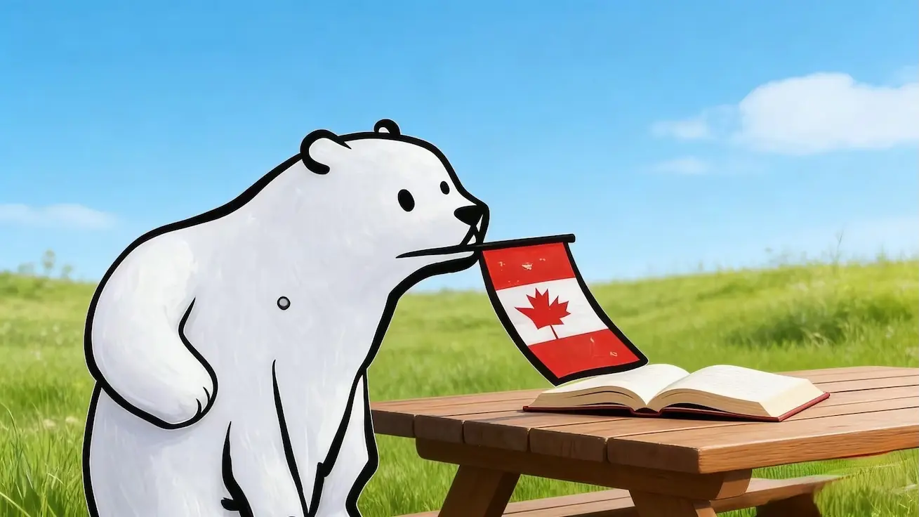 Un ours polaire tenant un drapeau canadien dans la bouche sort par une porte ouverte, avec en arrière-plan un ciel bleu parsemé de nuages blancs et une prairie verdoyante. À côté figure l’inscription “TCF Canada”.